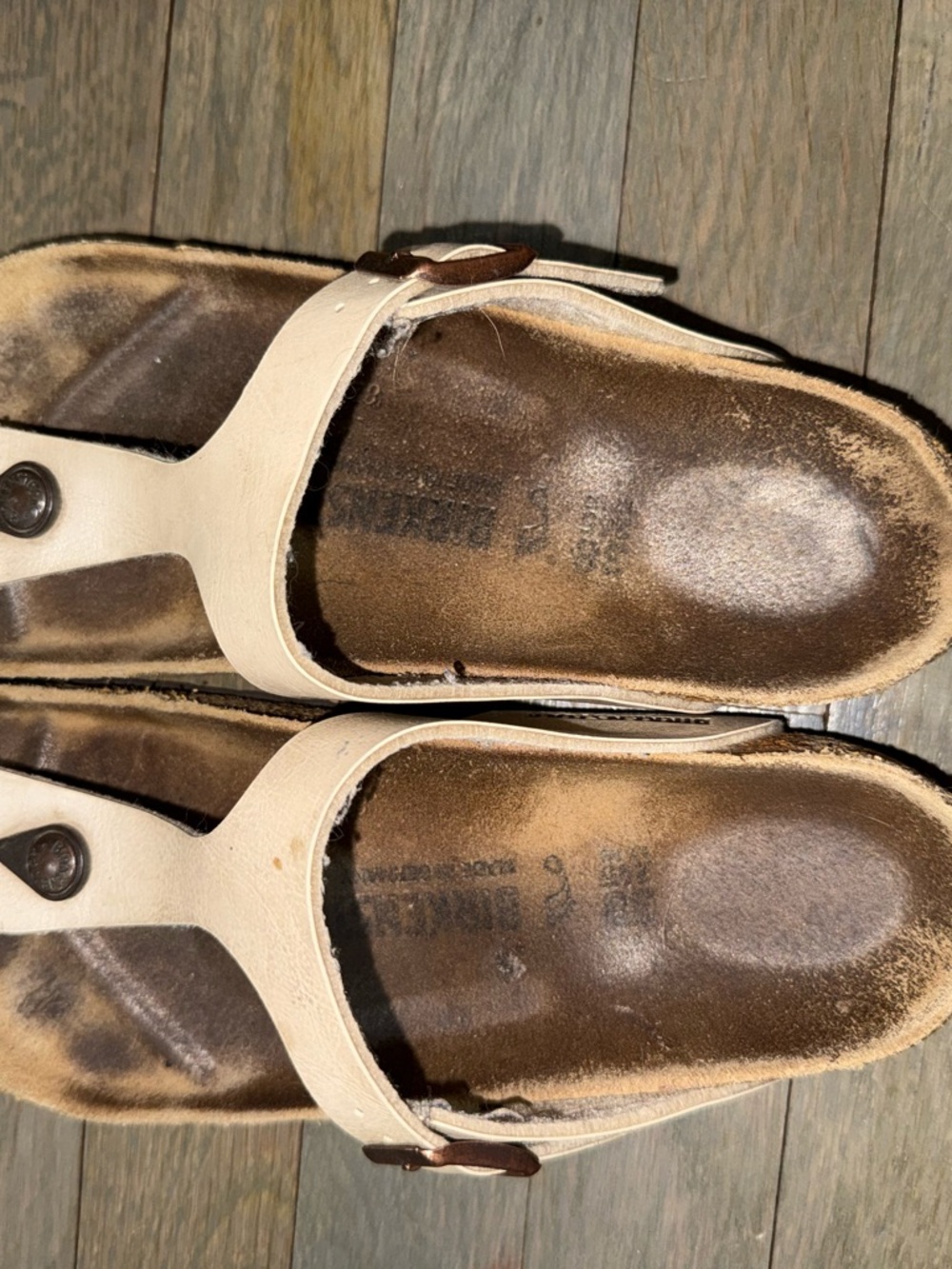 Birkenstock Cream Leather Slide Sandals with Brown Footbed